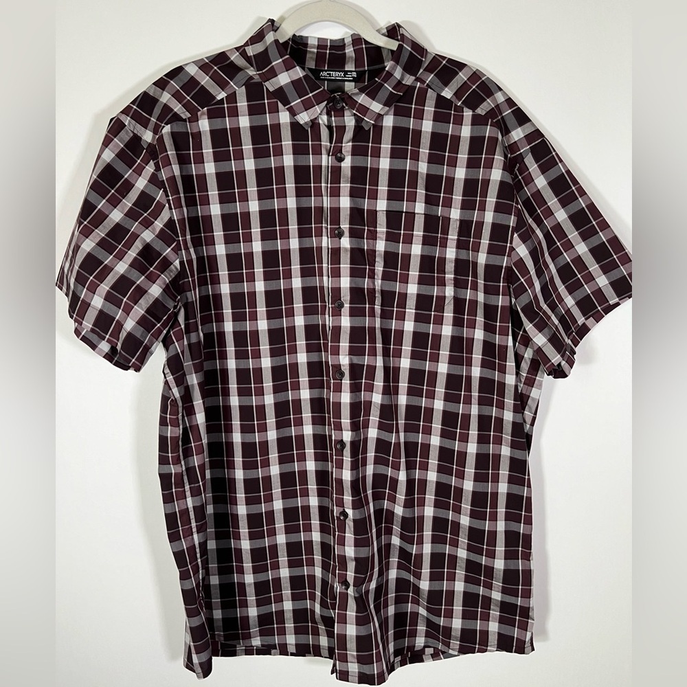 Arcteryx maroon brown cream plaid Brohm shirt XXL outdoor hiking summer